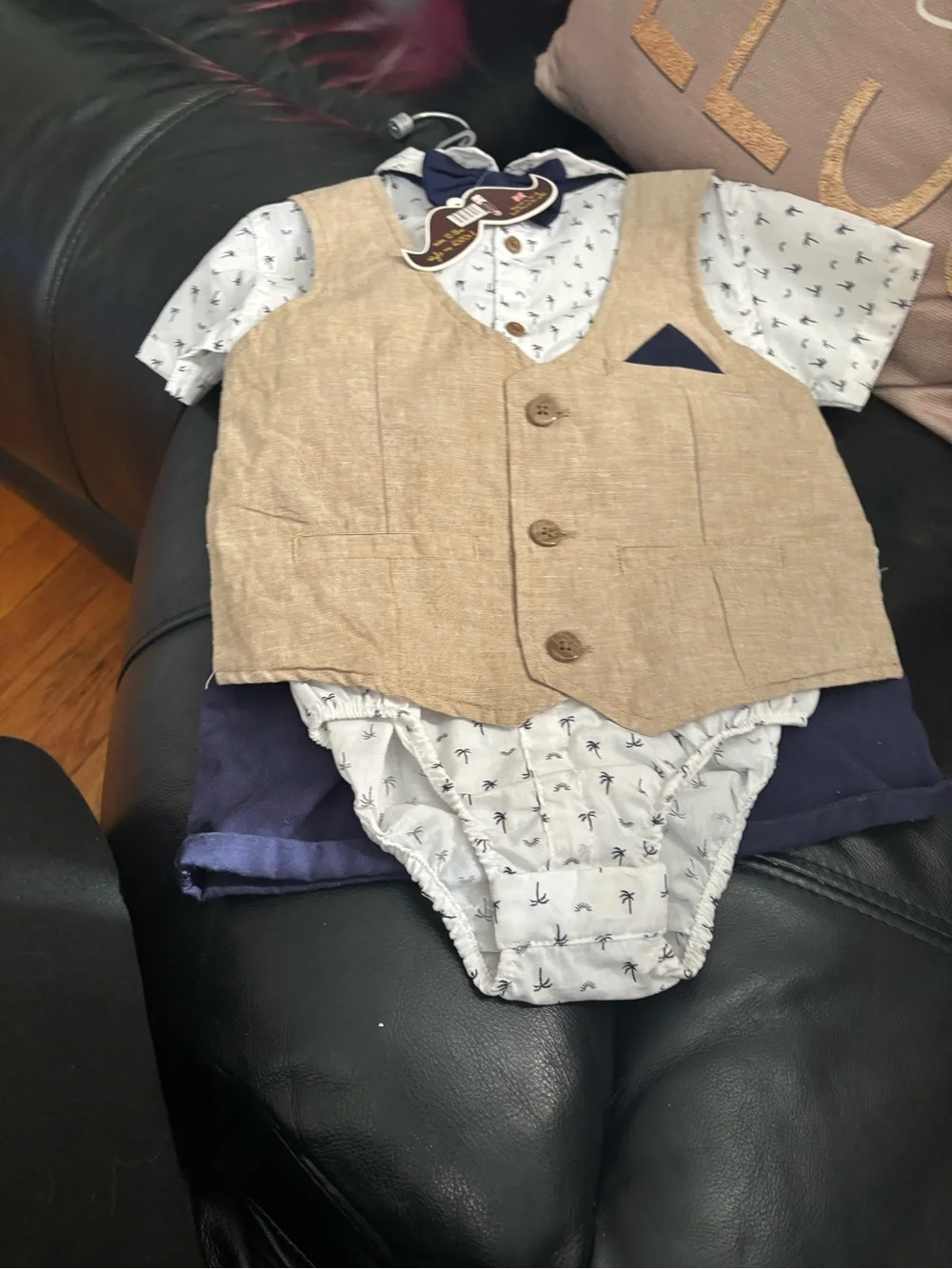 Toddler Beige Linen Vest Outfit with Navy Bow Tie and Palm-Print Shirt